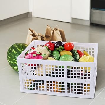 2-Pack Large Collapsible Storage Crate, 40 L Storage Basket, White | Large Capacity, Collapsible Design, Stackable Plastic Crate, Built-In Side Handles, For Home Garage Pantry Storage