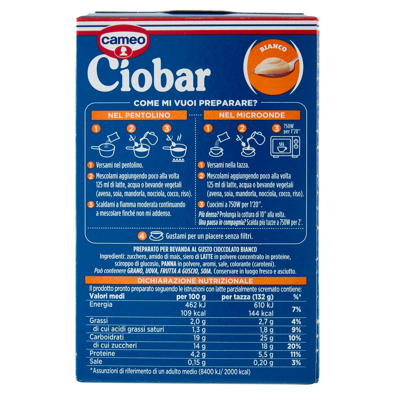 Cameo Ciobar Bianco - Polvo de preparación para chocolate blanco caliente, 105 g, cada paquete contiene 5 bolsas de 21 g + llavero Beni Culinari