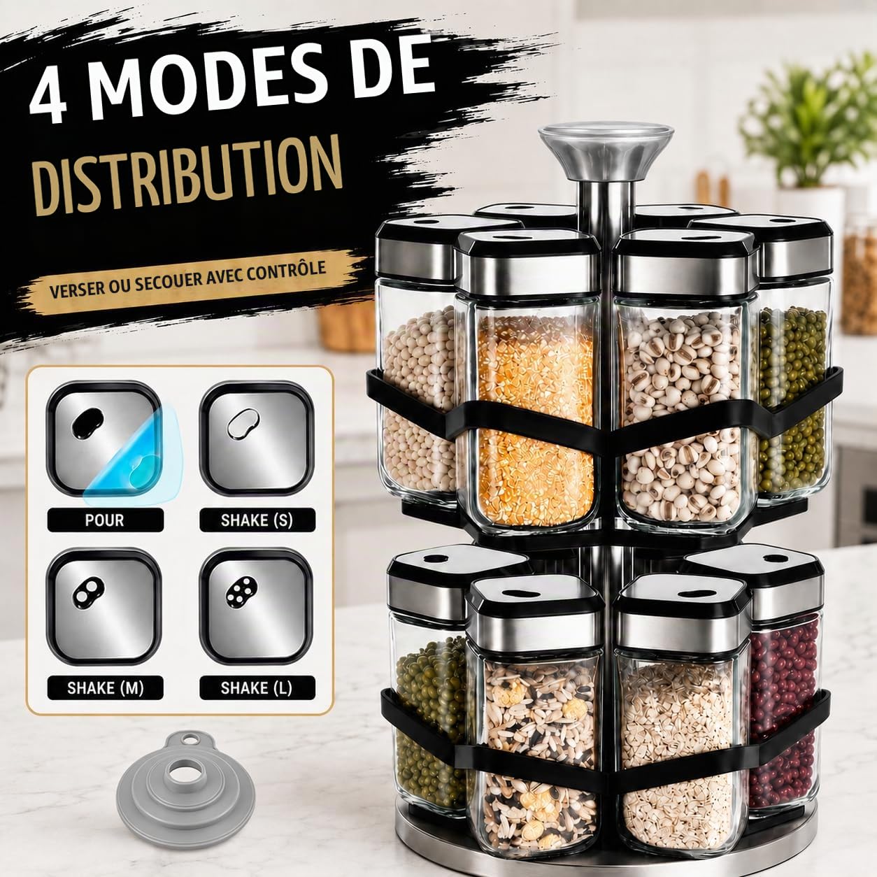 2 Étages Rangement Epices Cuisine avec 12×120ml Pot a Epices Carrés, Trou de Sélection 360° dans le sens Horaire, 360° Tourniquet a Epices, Porte Epices Cuisine pour un Accès Facile aux Épices