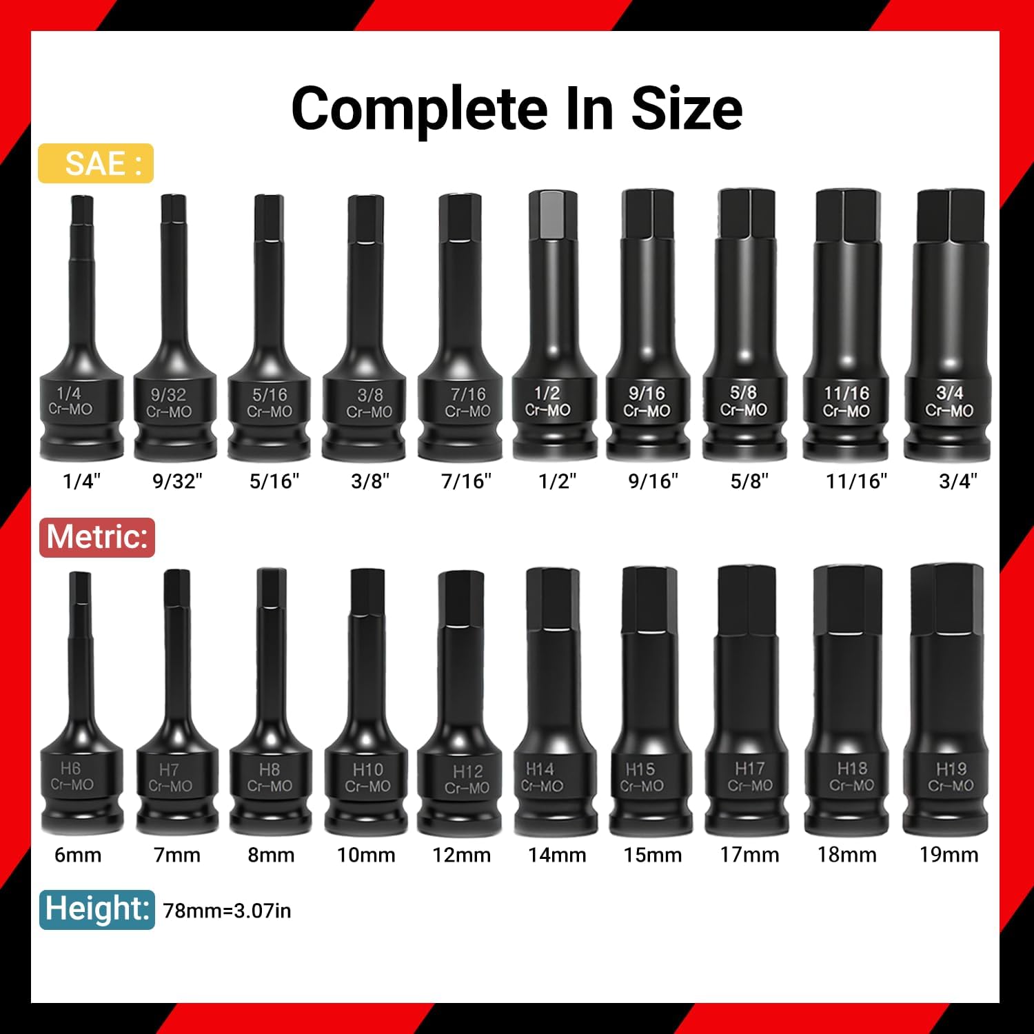 20-Piece 1/2" Drive Master Impact Hex Bit Set, Hex Driver Socket Set, Allen Bit Socket Set, SAE & Metric, (1/4" - 3/4", 6-19mm), Cr-Mo Steel