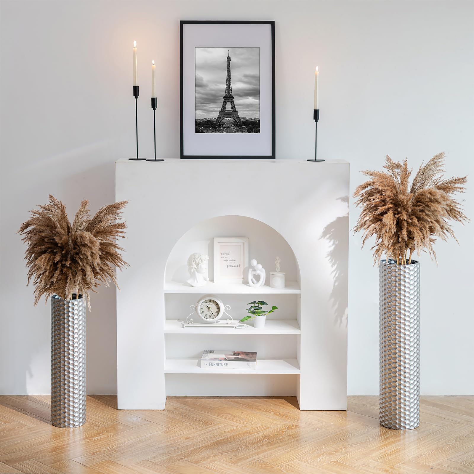 Sziqiqi Bodenvase Groß Metall Silber: 70/55 cm Hoch Große Vasen für Boden Set aus 2 für Trockenblumen Pampasgras Kunstblumen - Wabenmuster Blumenvase Groß für Wohnzimmer Flur Home Wohnung Esszimmer