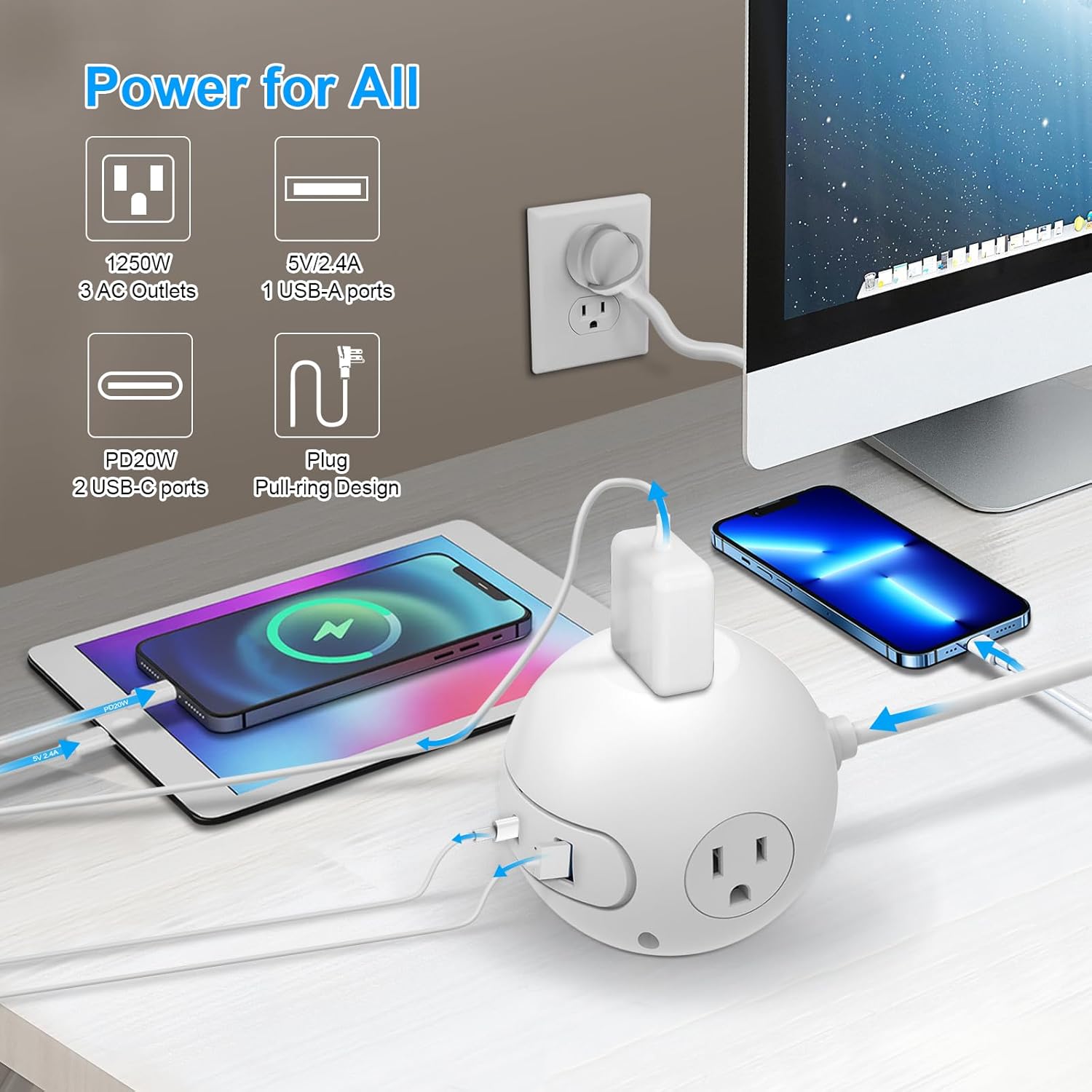 20W USB C Surge Protector Power Strip 10 ft Cord,Long Power Strip with 3 Widely Outlets and 3 USB Ports(2 USB C Port),Power Delivery Charging for Dorm Rooms,Home Office,White(2 Pack)