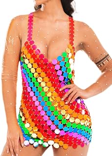 GORAIS Rainbow Chainmail Dress Rave Sequin Disco Night Club Mini Dress Sleeveless Chain Dresses for Women