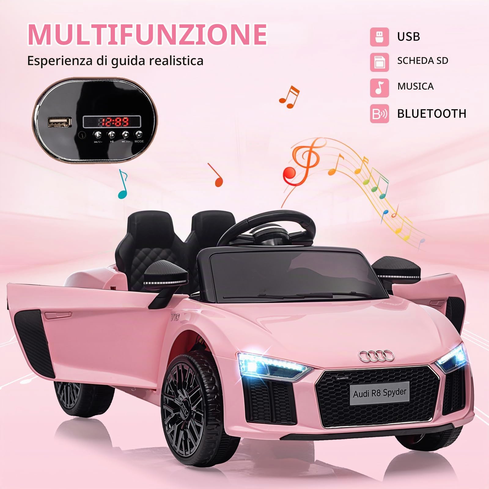 Macchina Elettrica per Bambini 3-8 Anni 12V, Auto Elettrica Polizia con Licenza Ufficiale Audi Spyder, Telecomando Genitori, 3 Marce, Sospensione, LED, Musica, Clacson, Colore Rosa