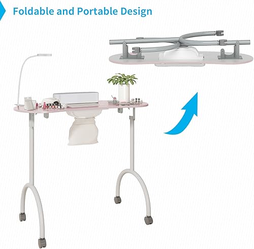 Vista 12 de TABU Mesa de manicura portátil para uñas, mesa de manicura plegable con ventilador colector de polvo, lámpara LED, 4 ruedas bloqueables y bolsa