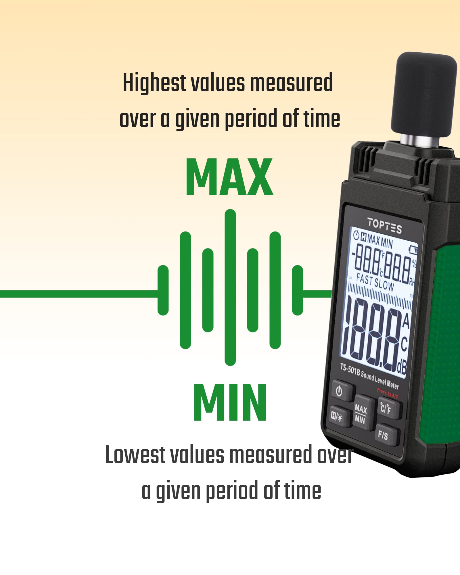 Decibel Meter, TopTes TS-501B Sound Level Meter with 2.25” Backlit LCD Screen, A/C Weighted, Range 30-130dB, Temperature & Humidity, MAX/MIN, Data Hold, Use for Home, Noisy Neighbor, Factory - Green — Amazon image 7