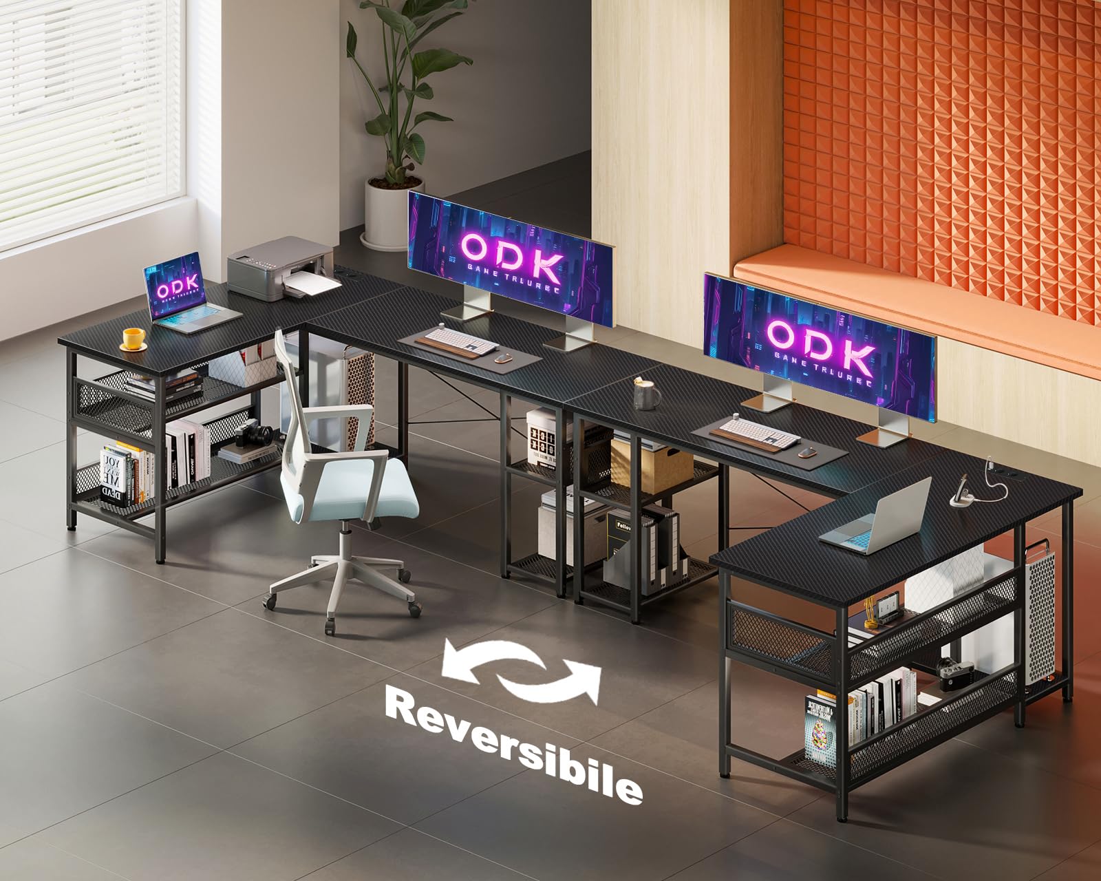 ODK Scrivania Gaming ad L con Design Reversibile, Scrivania con Ampio Spazio di Archiviazione, Scrivania ad Angolo con 2 Prese e 2 Porte USB, Fibra Di Carbonio Nera, 150×102 cm