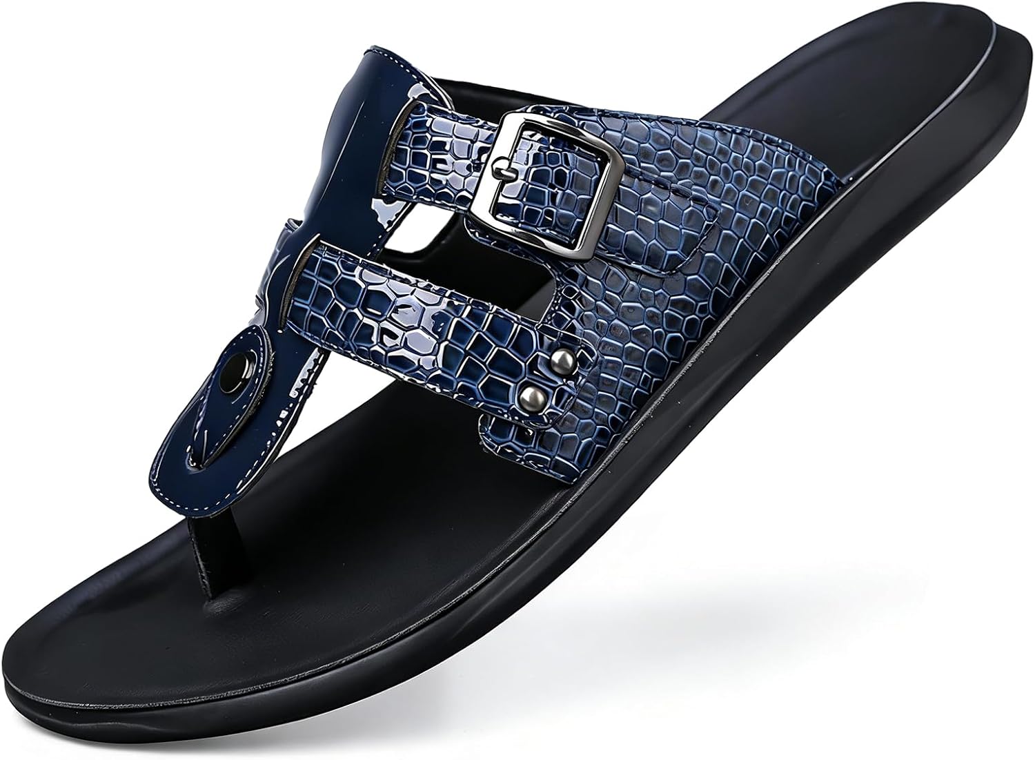 Men‘s Leather Flat Open toe Slippers with Buckle Comfortable Lightweight Slip-on Non-Slip Outdoor Sandals Mules for Casual Beach Home