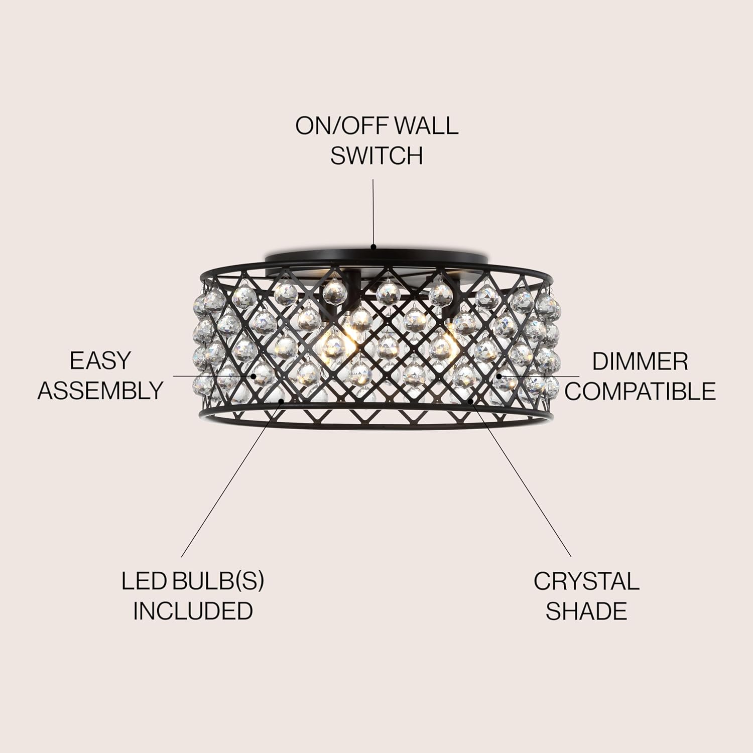 JONATHAN Y 19" Oil Rubbed Bronze 3-Light Iron and Crystal Flush Mount Ceiling Light, Modern Contemporary Drum Fixture for Living Room Bedroom, UL Listed, LED Bulbs Included JYL9024A