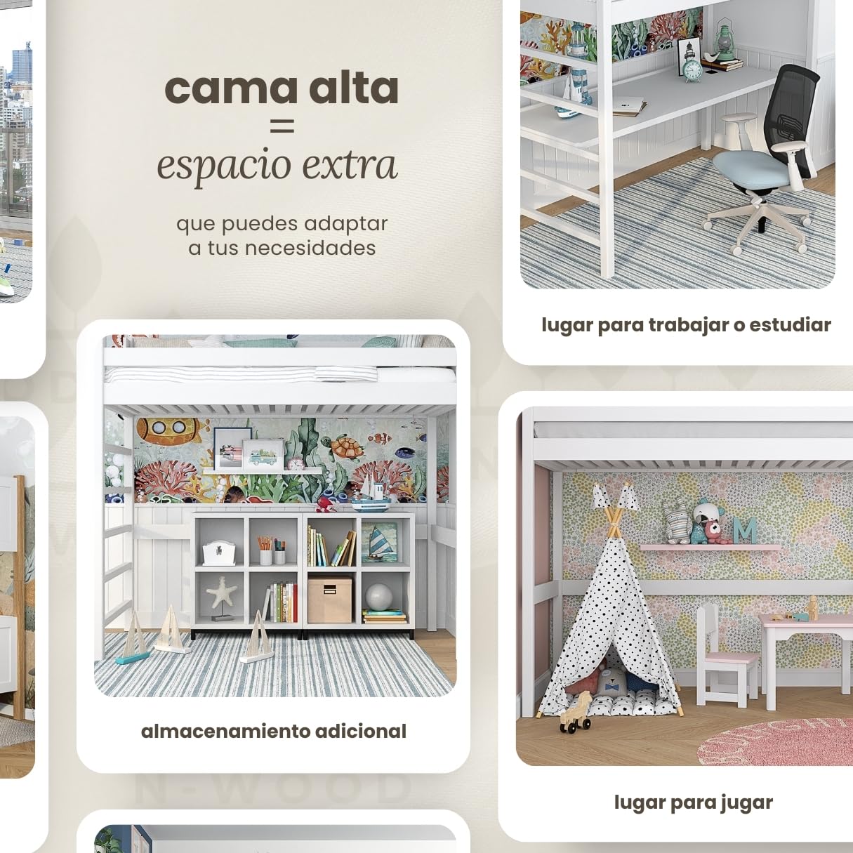 N01 Cama Loft 90x200 cm, 100% Madera Maciza, Cama Alta para niños y Adultos, Escalera Universal: Derecha o Izquierda, Somier Incluido, Sin Tornillos salientes, Hecho a Mano, Blanco