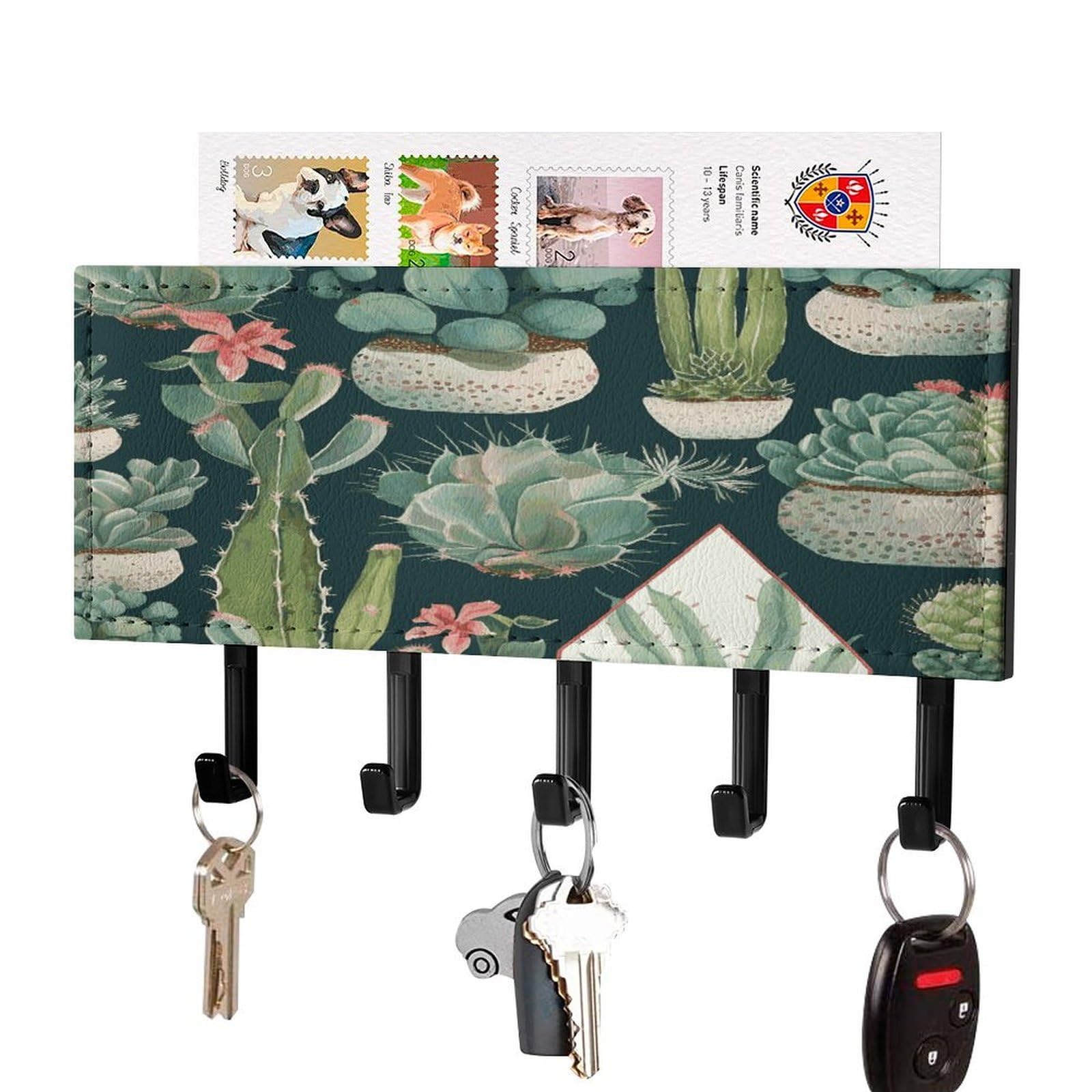 Succulent Plants And Cactus Key Holder Wall Mount Decorative Key And Mail Holder Pu Key Rack with 5 Hooks Key Hanger Organizer Decorative Home Decor for Wall for Entryway Office Living Room Black-styl