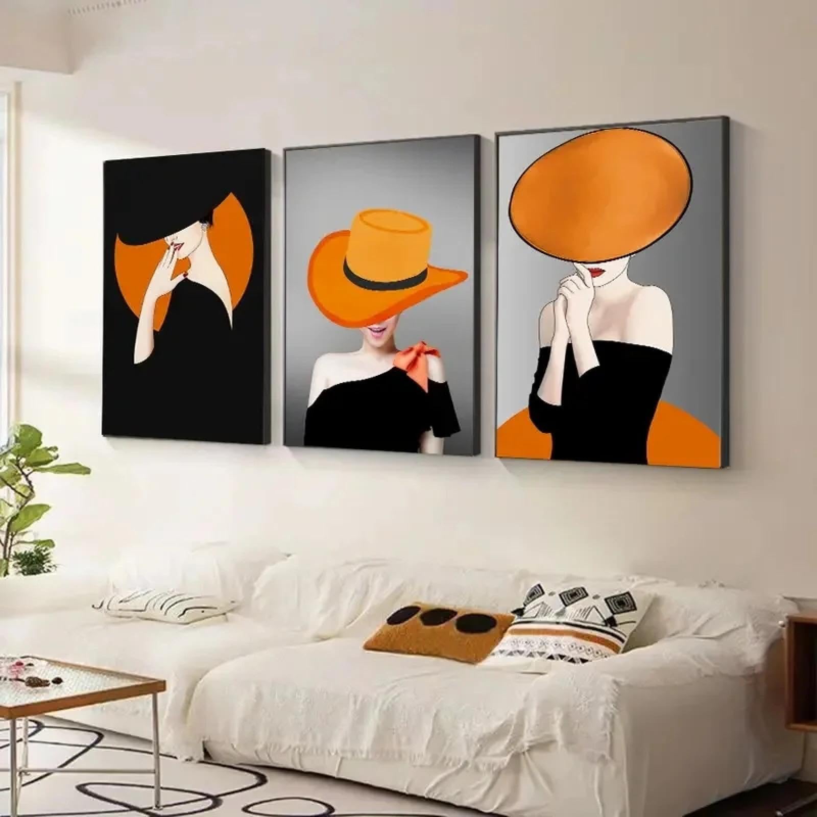 XINBAO 3 szt. elegancka czarna spódnica pomarańczowy kapelusz damski plakat sztuka ścienna płótno plakat salon korytarz sypialnia dekoracja obraz wydruki 30 x 45 cm x 3 bez ramy