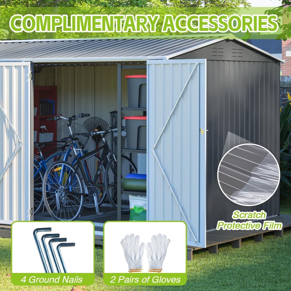 Heavy-Duty 8x12 Ft Steel Storage Shed with Window, Outdoor Garden Patio Shed Features Hinged Gray Doors & 4 Air Vents, Gray