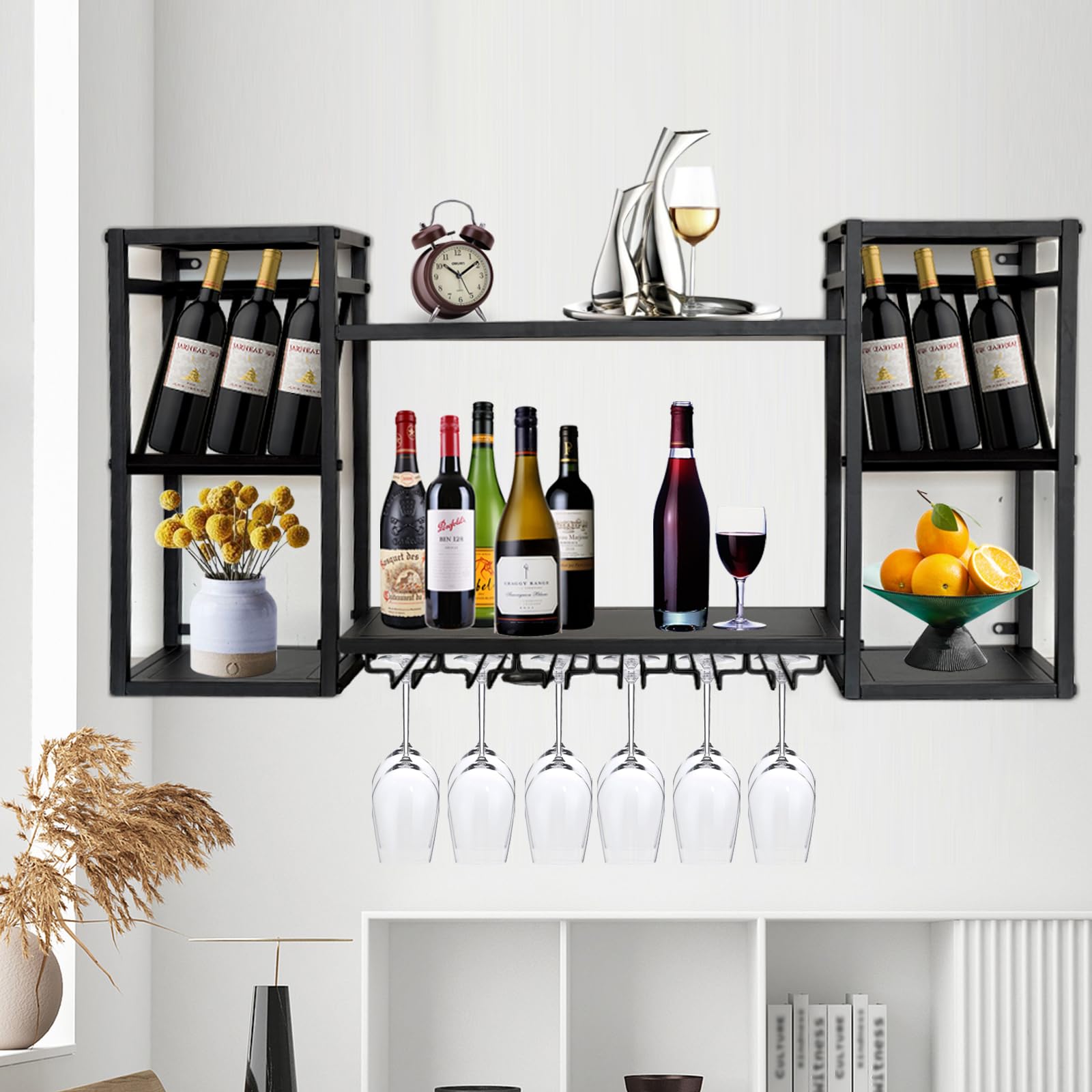 Casier à vin mural 2 niveaux en métal noir avec 5 porte-verres