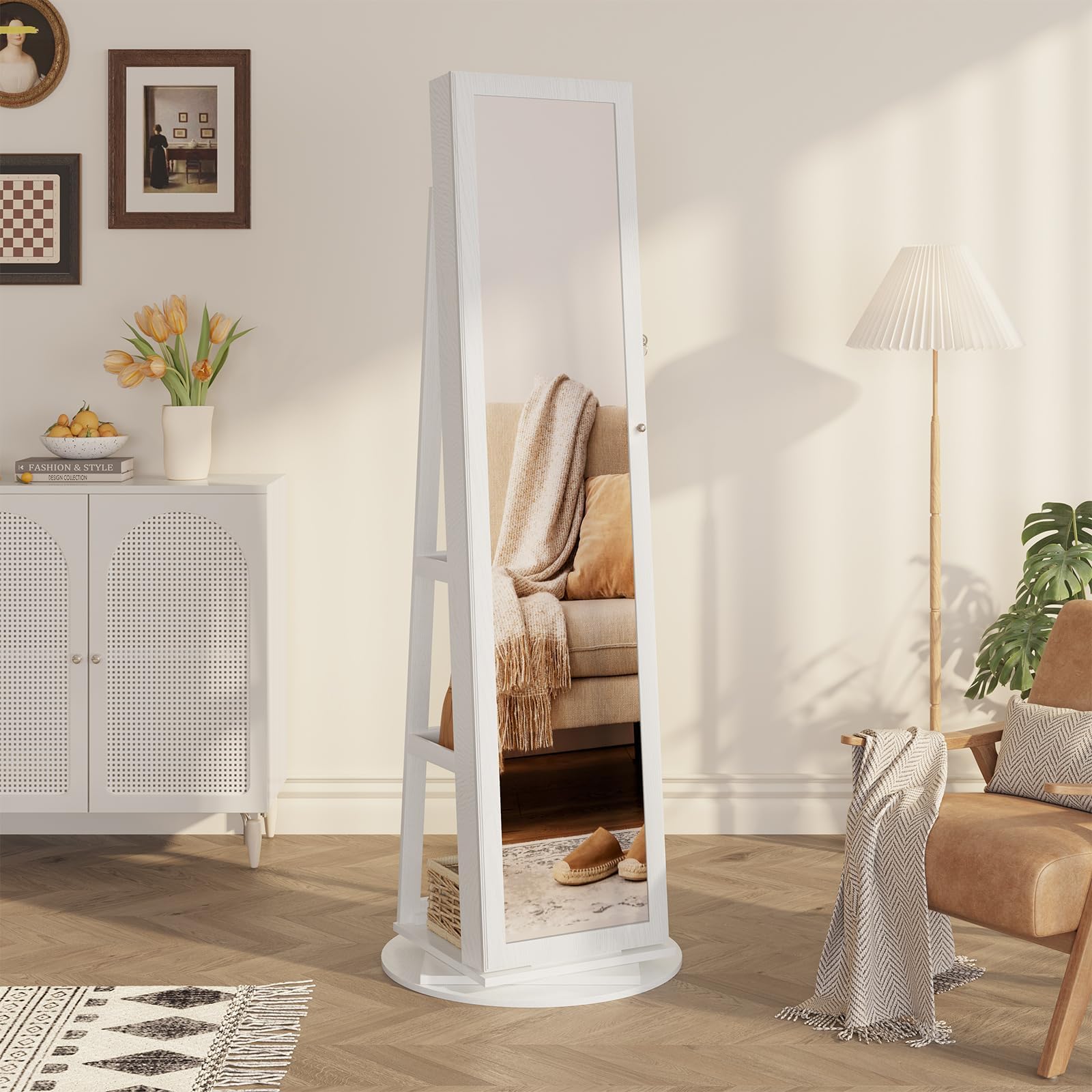 Dripex Armadietto per gioielli con specchio, specchio in piedi, con specchio e specchio interno, organizer per gioielli con ripiani 3 in 1, girevole a 360°, richiudibile, bianco