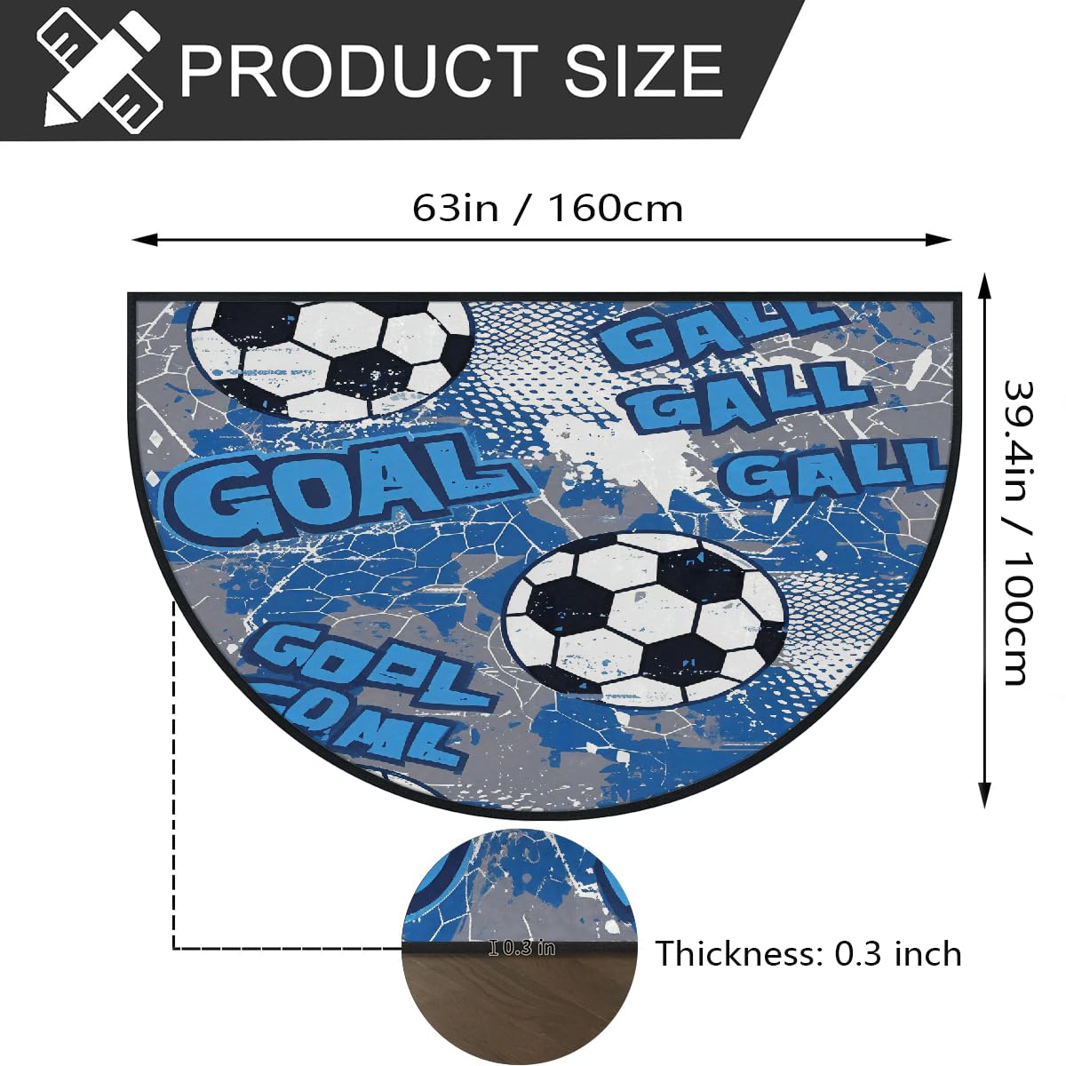 Große halbrunde Fußmatte – Fußballtor blau, rutschfest, saugfähig, halbrund, Eingangsbereich, niedlich, weich, halbrund, waschbar, Teppich für Küche, Badezimmer, Schlafzimmer, 160 x 100 cm