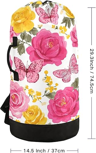 Vista 51 de Mochila de lavandería con correas ajustables para el hombro, bolsa de lavandería sucia para viajes, campamento, universidad, resistente, Rosa floral