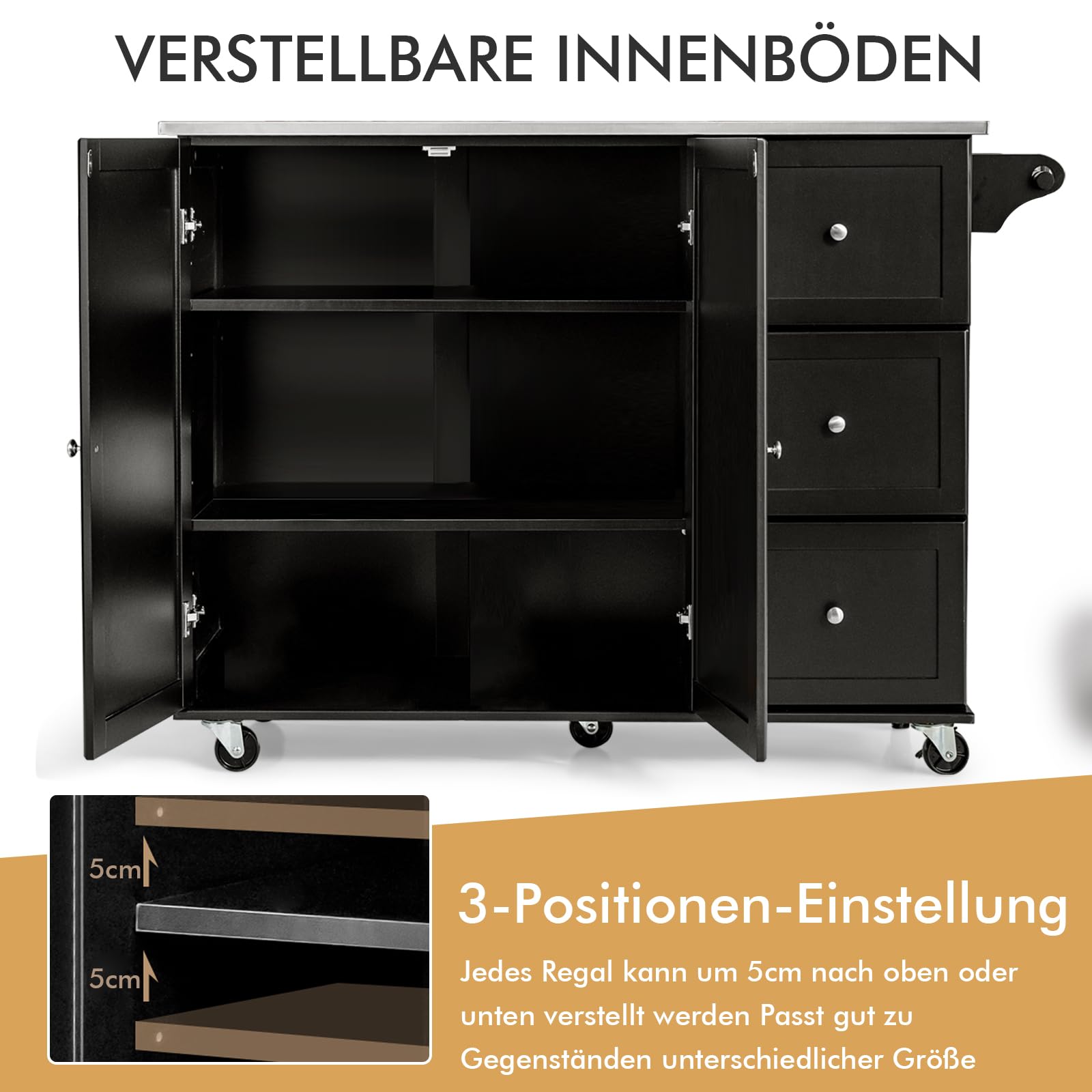 COSTWAY Küchenwagen mit Arbeitsplatte aus Edelstahl, 3 Schubladen, verstellbare Ablage, Handtuchhalter, mobiler Servierwagen auf Rollen, Schwarz