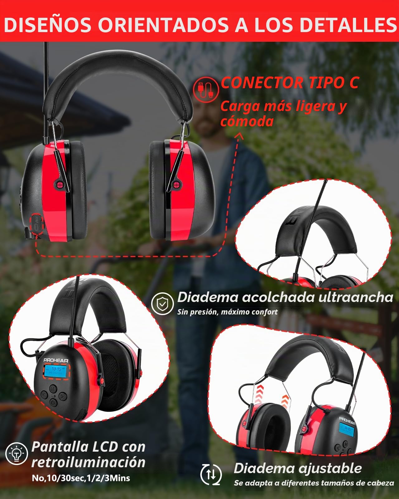 PROHEAR 033A Cascos Antiruido Bluetooth, Protección Auditiva con Radio FM/AM y Micrófono Integrado,USB-C Recargable Orejera,Cascos Insonorizacion para Césped Talleres Carpinteros,SNR 31dB-Rojo