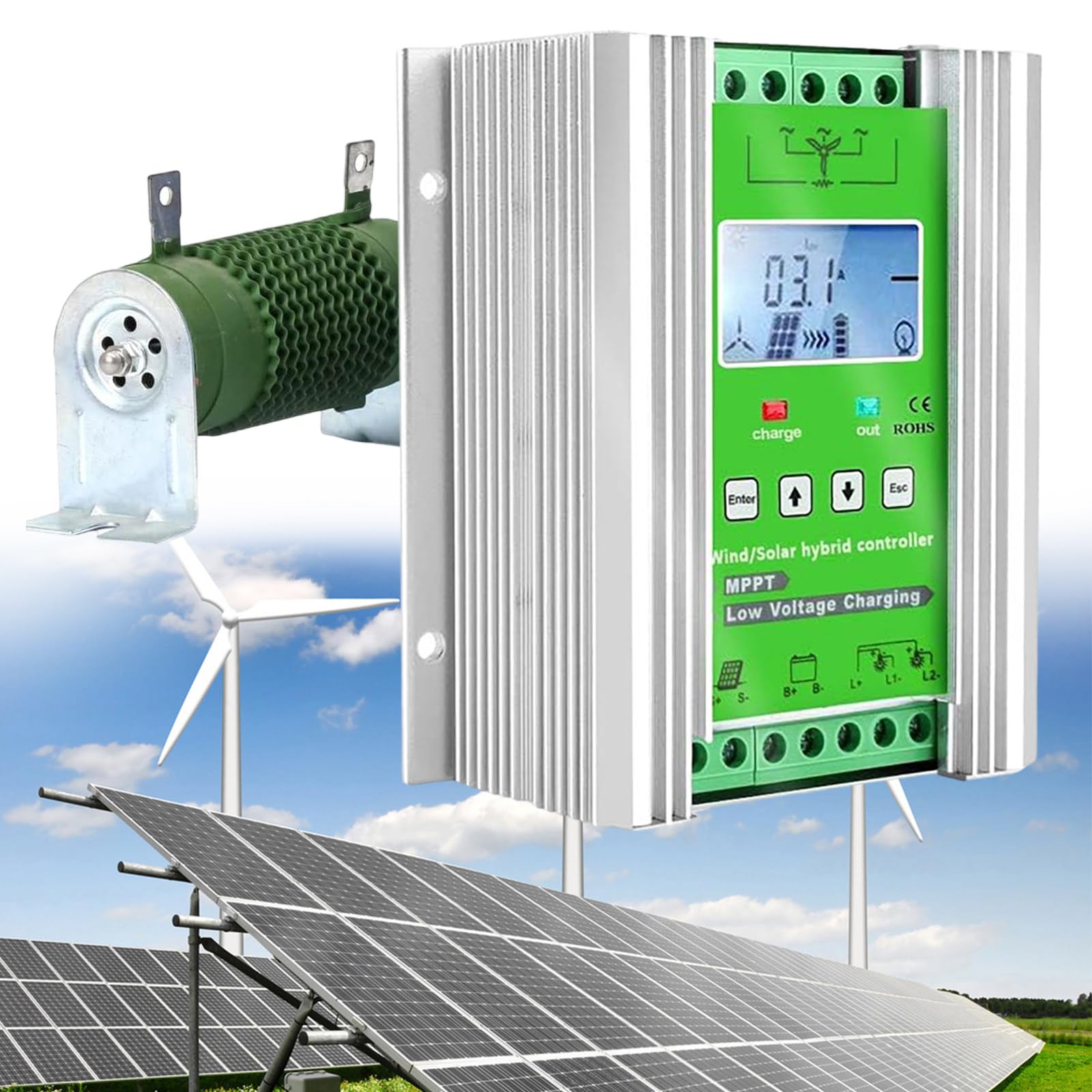 Fablestoryem Green 6000W-8000W Wind Solar Hybrid Controller, Dc12v 24V 48V Wind Solar Hybrid Controller Mppt Boost Charge Regulator For Lithium Acid Inverters, Solar And Wind,48V