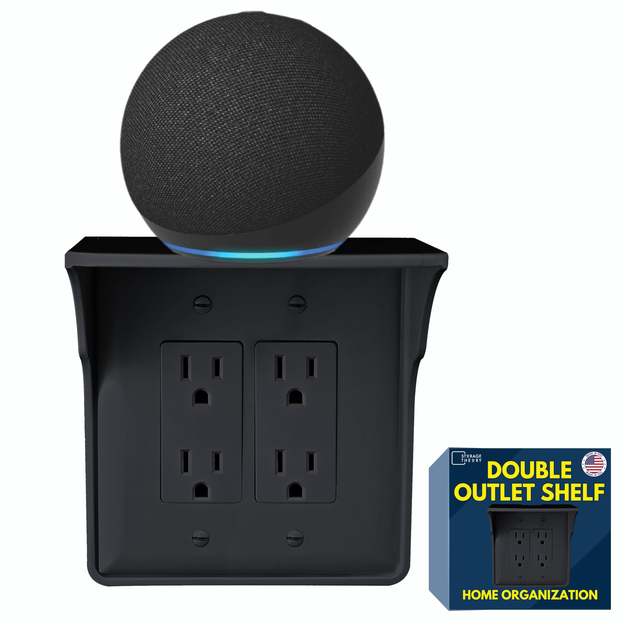 Storage Theory Power Perch Double Wall Outlet Shelf - Declutter & Reclaim Bathroom Counter Space - Alexa Stand, Apple Homepod Shelf, Toothbrush Holders Wall Mounted - Black, 1-Pack