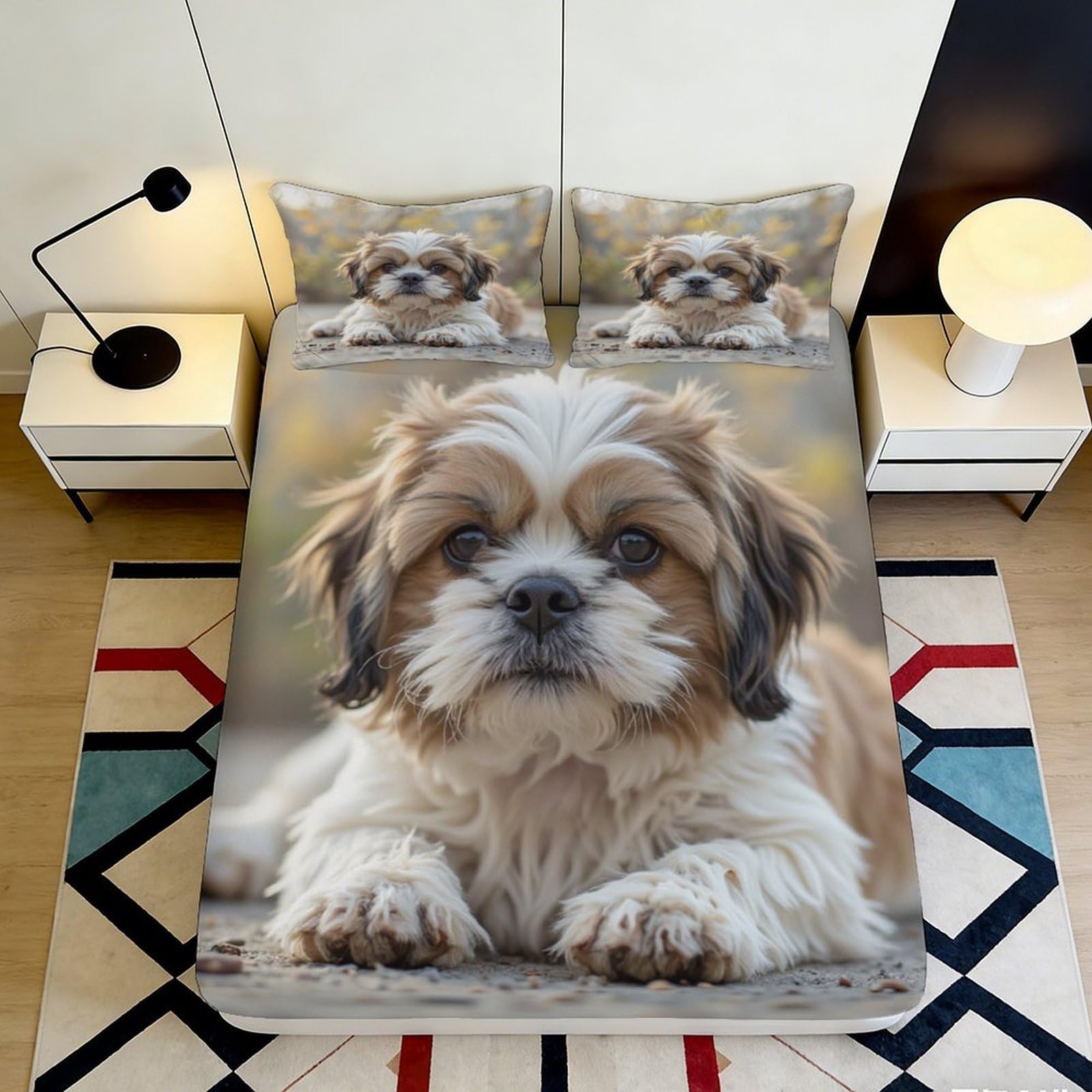 3D Printed Cute Dog Fitted Sheet Microfiber Soft Breathable Puppy Mattress Cover for Bedroom Guest Room Decor 90x200x25cm