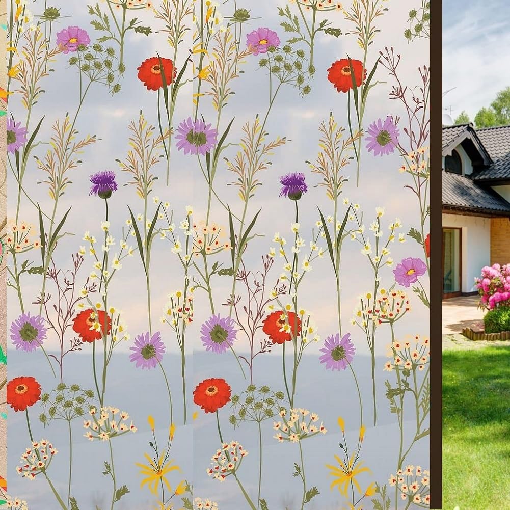 MOCOCOWindow Sticker for Home Kitchen Office Window Film Frosted Privacy Film for Door Glass Bathroom Translucent Opaque Heat Control - Floral Design (24x12 Inch)