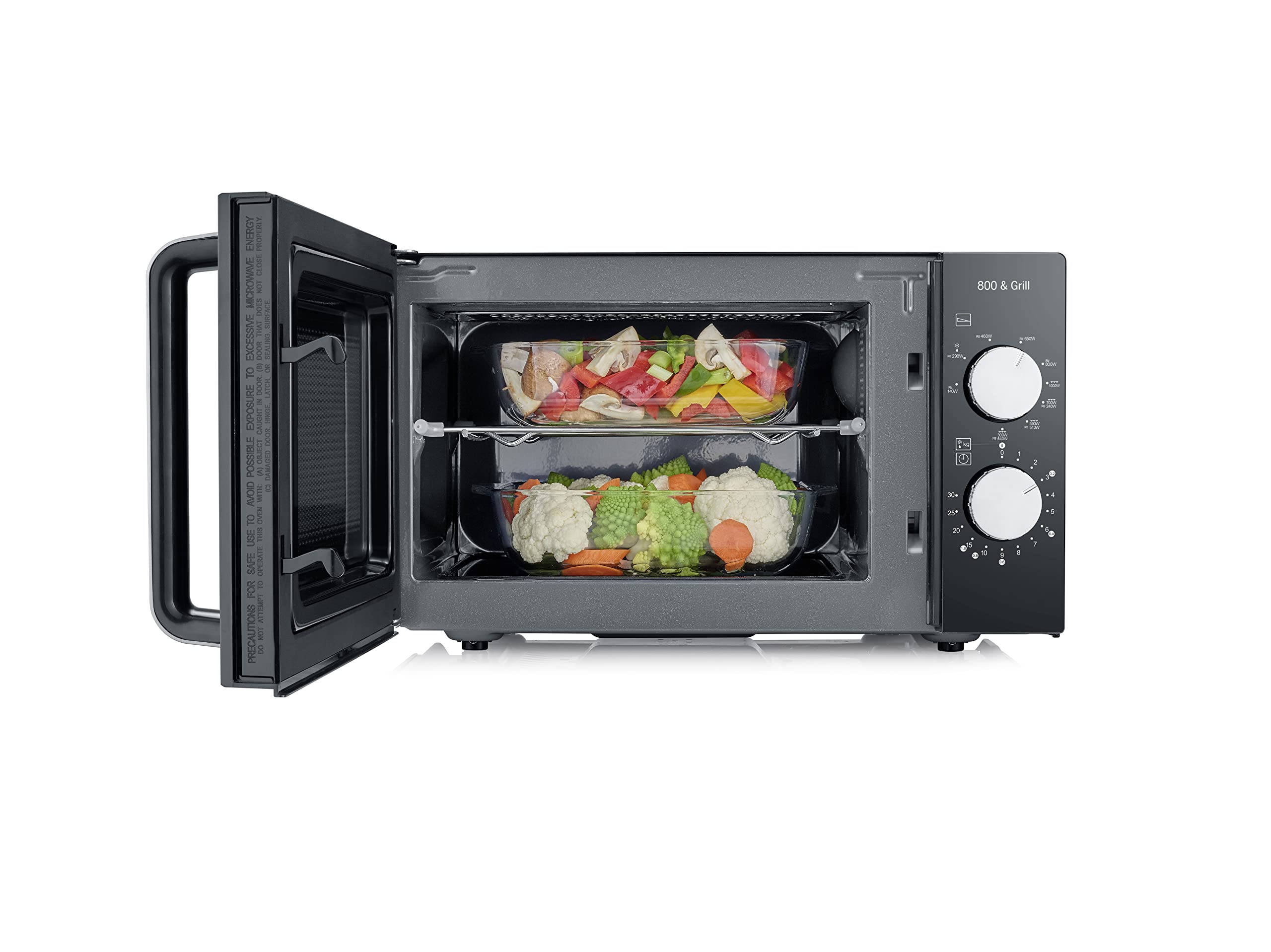 SEVERIN Microondas 2 en 1, microondas con grill y base de cerámica para descongelar y calentar, microondas digital grande para platos cuadrados, negro/acero inoxidable, MW 7762