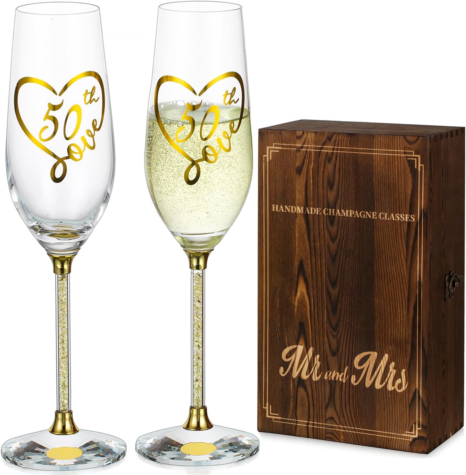 NUPTIO 50th Anniversary Wedding Gifts: Set of 2 Gold Champagne Flutes with Wooden Box for Couple Parents Friend Women Crystal Glasses Gift
