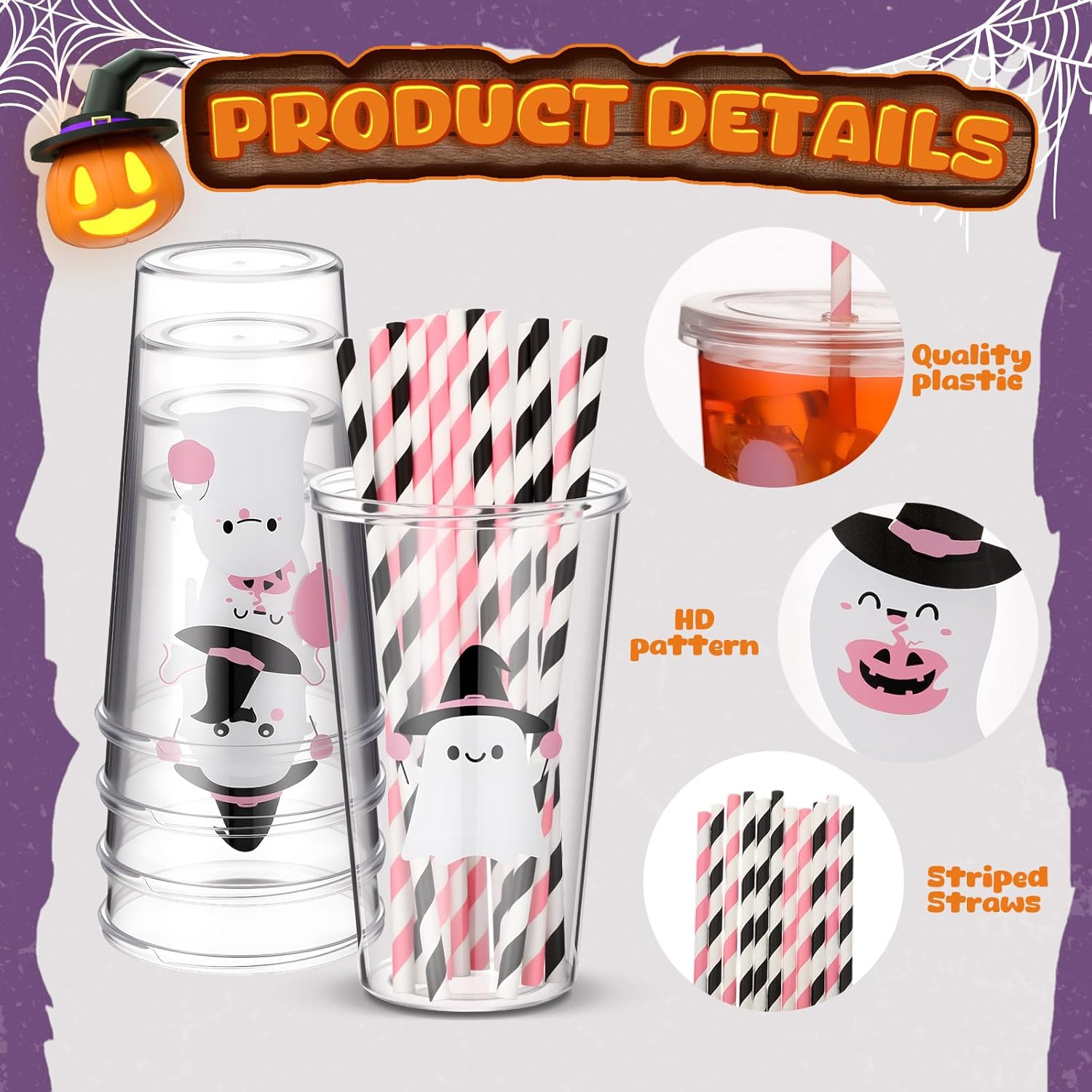 12 Pcs Halloween Plastic Ghost Cups with Straw and Lid Cute Pink White Ghost Cups for Drinks Halloween Decoration Party Favors - Image 3