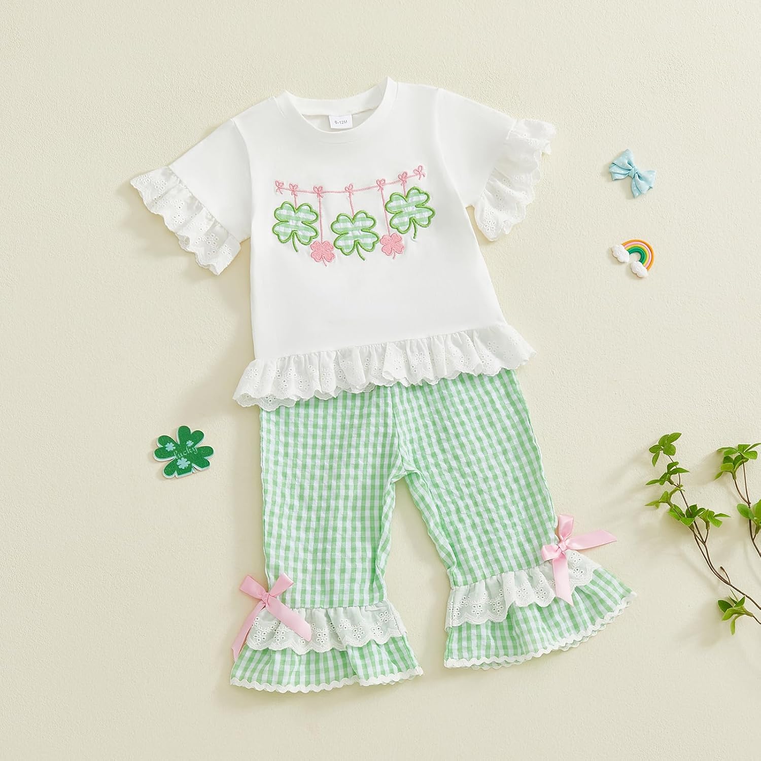 Easter Baby Girl Outfit Bunny Short Sleeve Tops Plaid Bell Bottoms Flared Pants Set Toddler Summer Clothes - Image 4