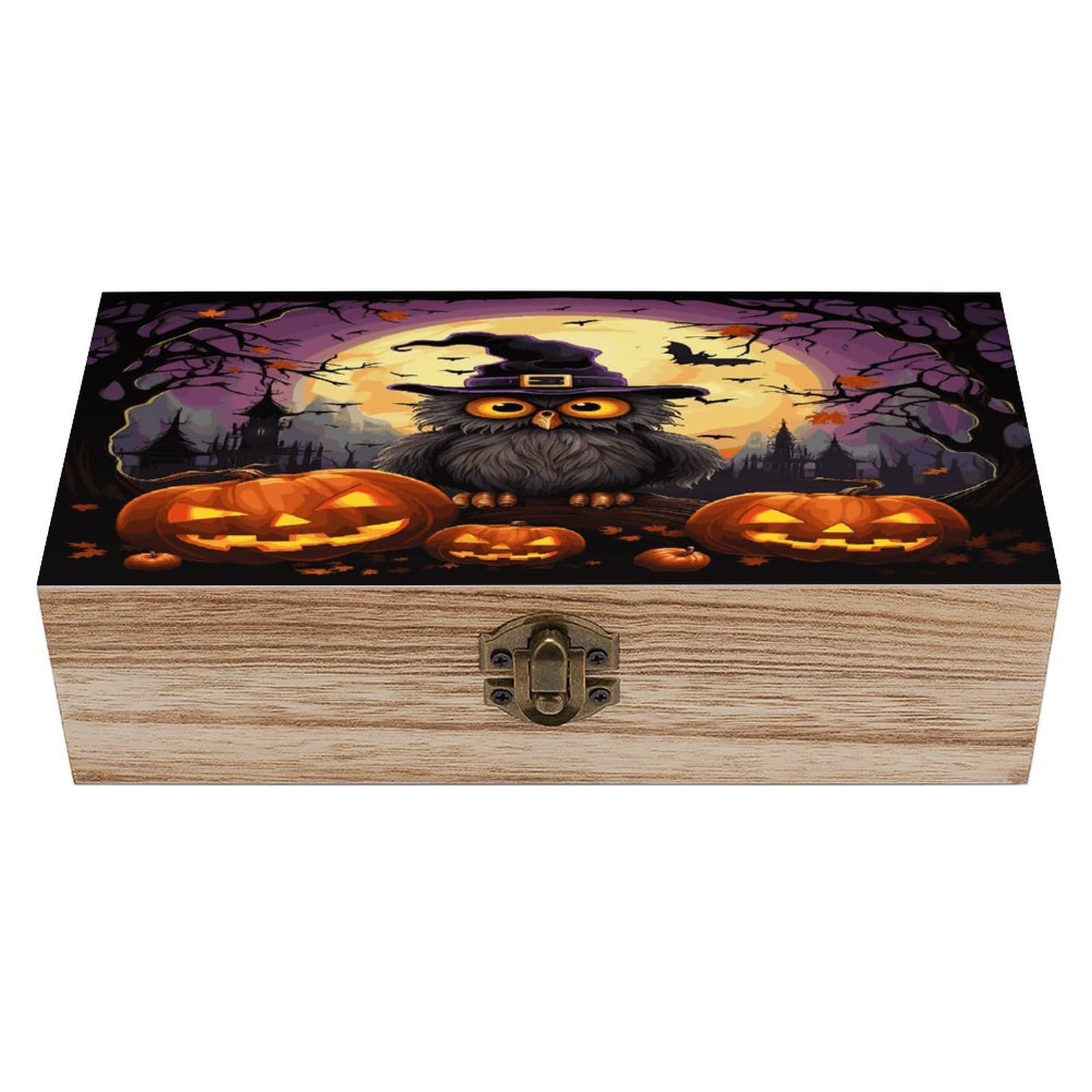 Btcowzrv Style Halloween Owl Ghost Pumpkin Wooden Storage Box, Keepsake Box With Hinged And Retro Lock, Wood Jewelry Organizer For Photos & Mementos And Home Decor