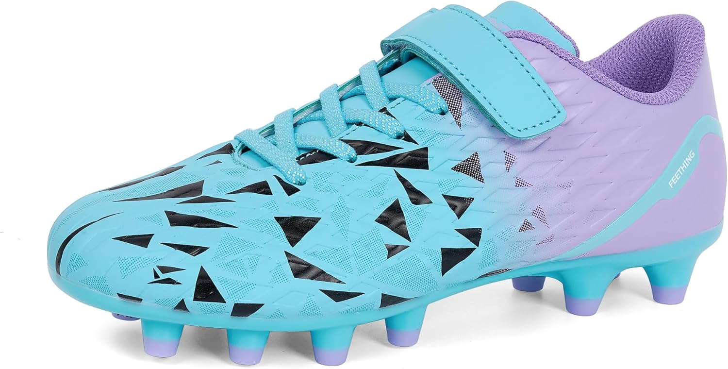 Kids Soccer Cleats for Boys Girls Lightweight Youth Toddler Football Shoes with Laceless Strap Rubber Studs for Firm Ground Artificial Grass Training