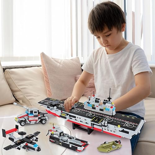 Miniatura 5 de Juego de construcción de portaaviones, 1161 piezas de bloques de construcción de acorazado militar con lancha patrulla, avión de combate, juguetes