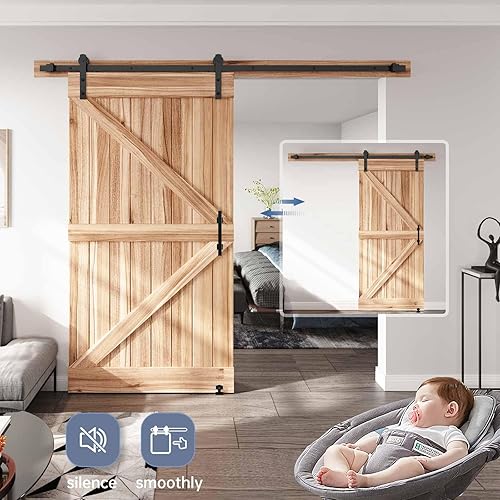 Miniatura 5 de EaseLife Kit de herrajes para manija y riel de puerta corrediza de granero de 8 pies, polea recta, se desliza suavemente silenciosamente, fácil de