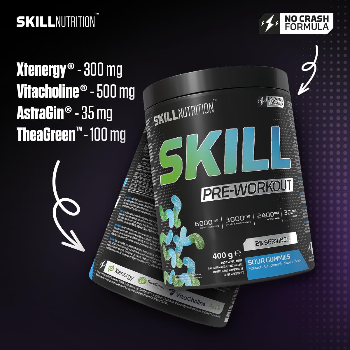 SKILL Nutrition Pre-Workout Sour Gummies | Énergie sans Crash | Xtenergy, TheaGreen, Vitacholine, Astragin | Citrulline, Bêta-Alanine & Vitamines B | Focus & Performance | Végétalien & Halal
