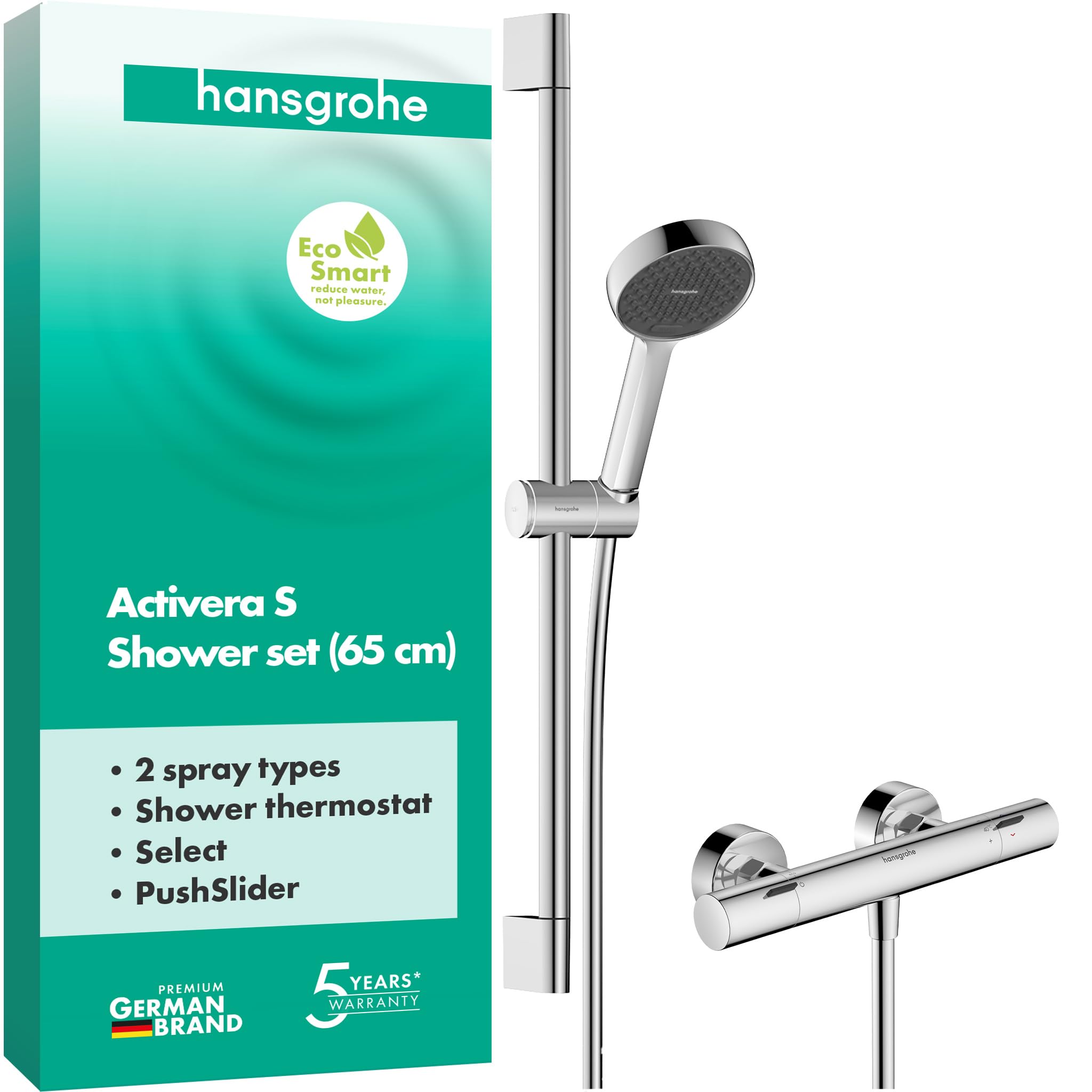 hansgrohe Activera Select S - conjunto de ducha con termostato Ecostat Fine, alcachofa de ducha ahorro de agua (EcoSmart), barra (65 cm), flexo (1,60 m) y soporte, cromo, 28876000