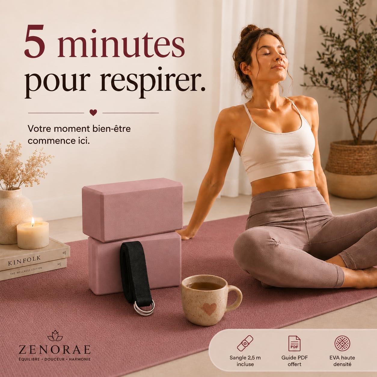 Kit Yoga ZENORAE – 2 Blocs EVA Haute Densité + Sangle Coton 2,5m – Briques Antidérapantes pour Yoga, Pilates, Stretching, Étirements & Fitness