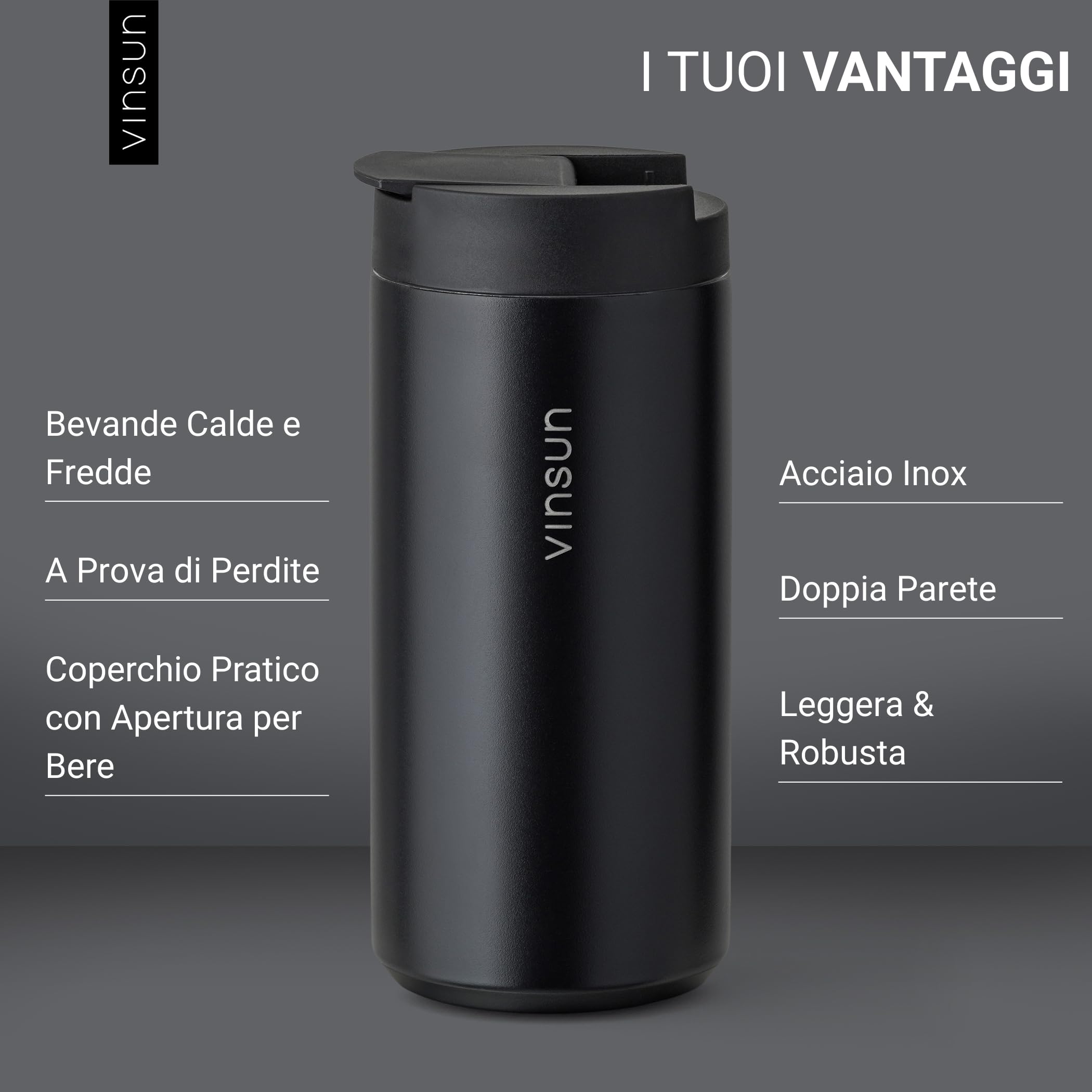 VINSUN Tazza Termica Caffe Viaggio 350ml - Acciaio Inox, a Prova di Perdite, Doppia Parete - Bevande Calde e Fredde - Bicchiere Termico con Coperchio