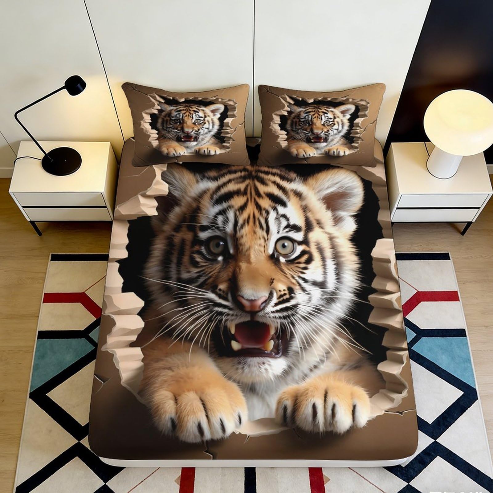 3D Printed Tiger Fitted Sheet Microfiber Deep Pocket Bedroom Bedding Tiger Mattress Fitted Cover Elastic Hem 200x200x25cm 90x200x25cm