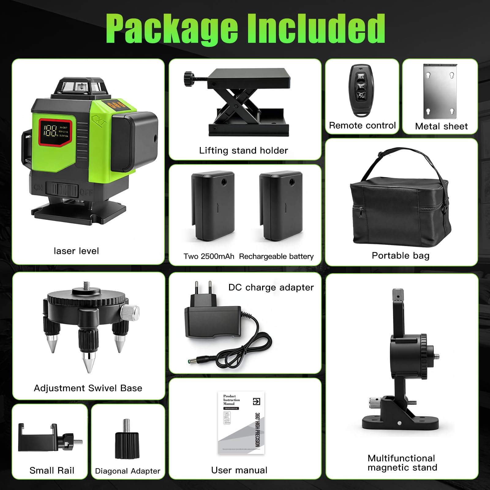 Nivel Láser 4D 16 Líneas, 4×360° Autonivelante con Pantalla Digital de Batería, Láser Verde con Modo Pulso y Control Remoto, Verde