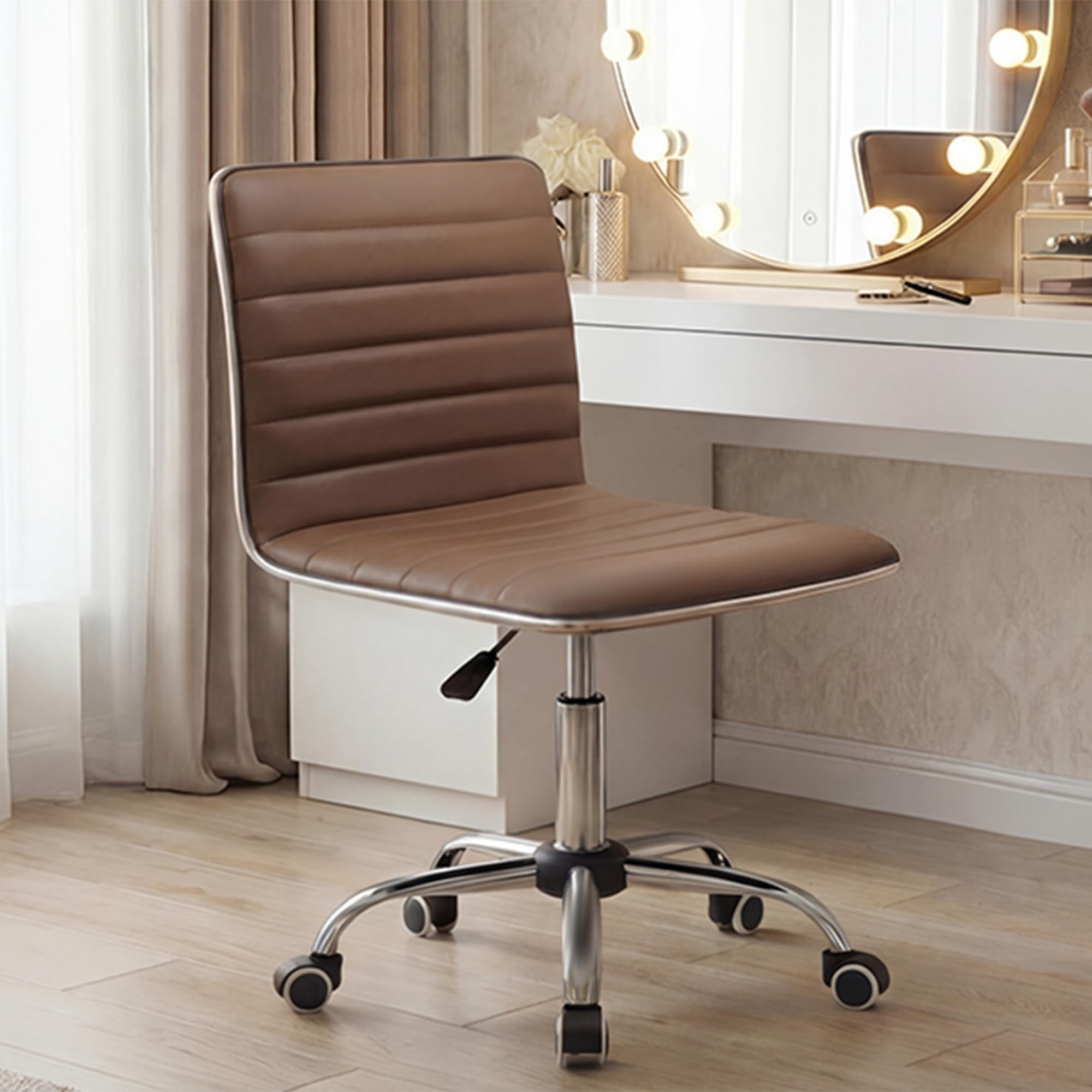 Mid Back Task Chair, Low Back Leather Swivel Office Chair, Vanity Chair for Makeup Room, Computer Desk Chair Retro with Armless Ribbed (Brown)
