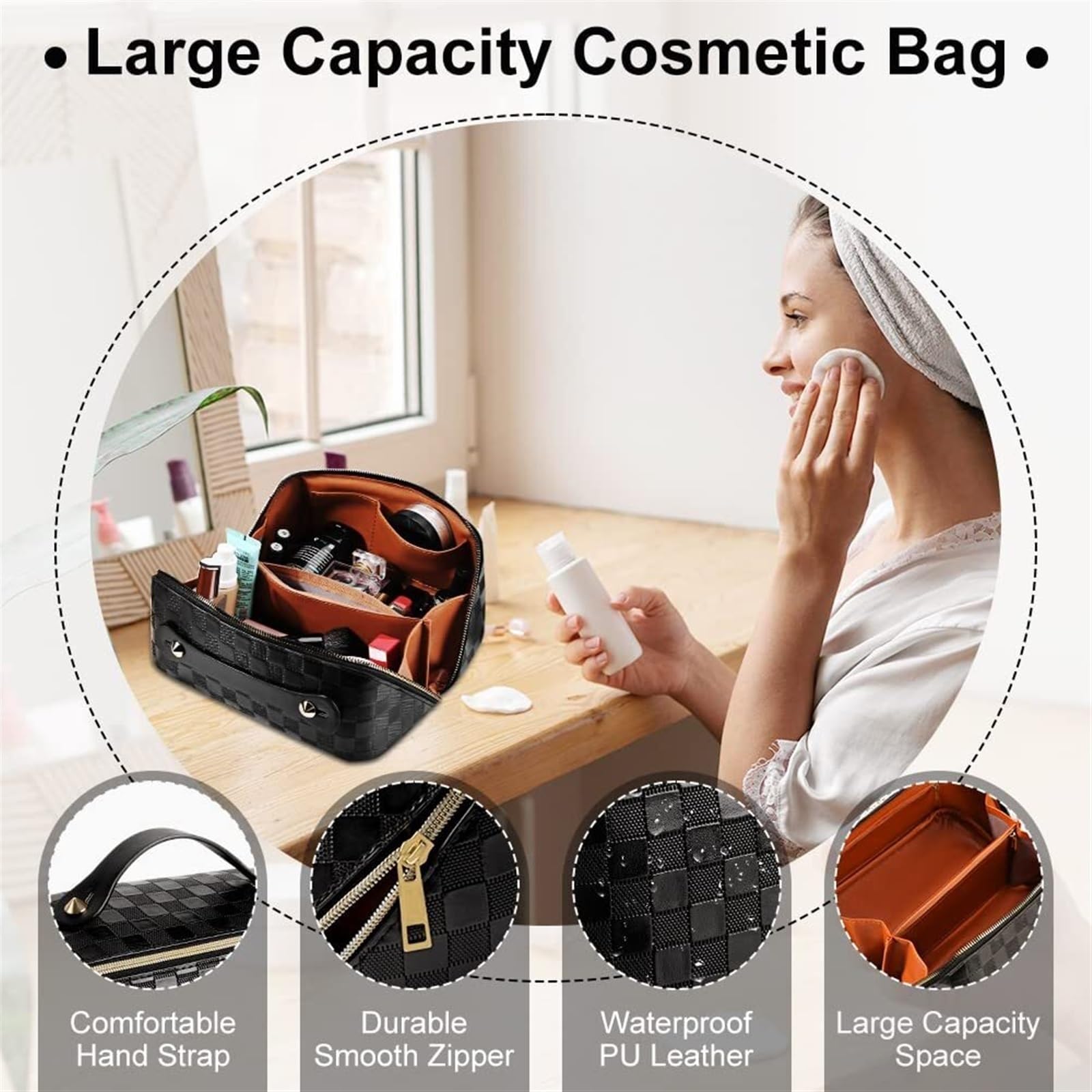 Porta Trucchi Pochette Trucchi Borsa For Cosmetici Da Viaggio Borsa For Trucchi Scozzese A Quadretti Borsa Portatile In Pelle Con Manico E Scomparti Trousse Trucchi Donna(Black)