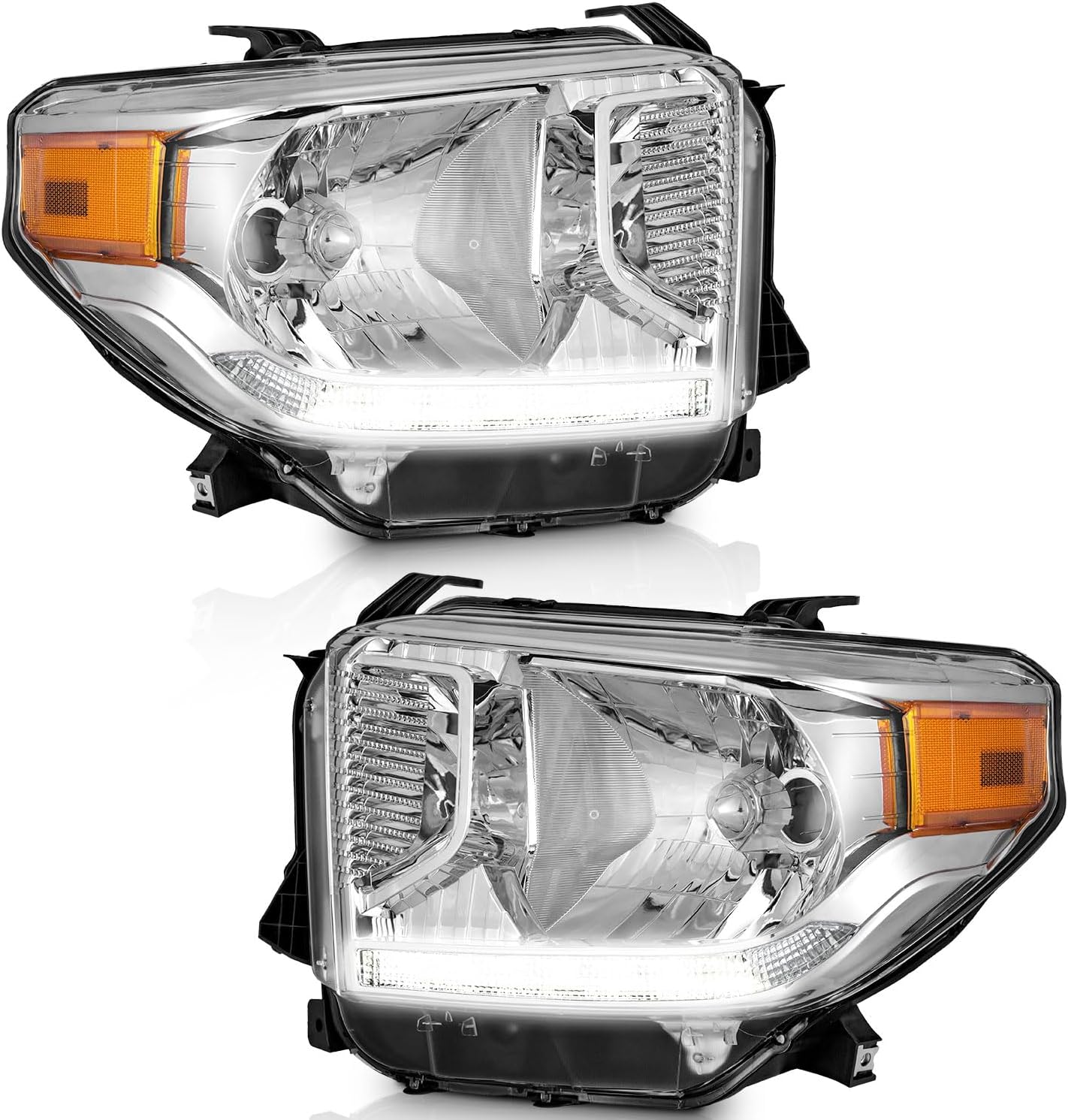 WEELMOTO Halogen Headlights Assembly For 2014-2021 Toyota Tundra Headlight Assembly Pair with DRL Strip Replacement For 14 15 16 17 18 19 20 21 Toyota Tundra Chrome Housing Amber Reflector Set