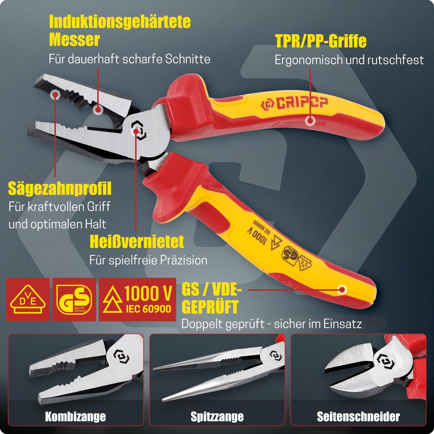4 tlg VDE-isolierter Zangen-Satz, 1000V, inkl. 190mm Kombizange, 165mm Seitenschneider, 160mm Abisolierzange, 210mm Langnase & Spannungsprüfer,mit Aufbewahrungsbox für Profis