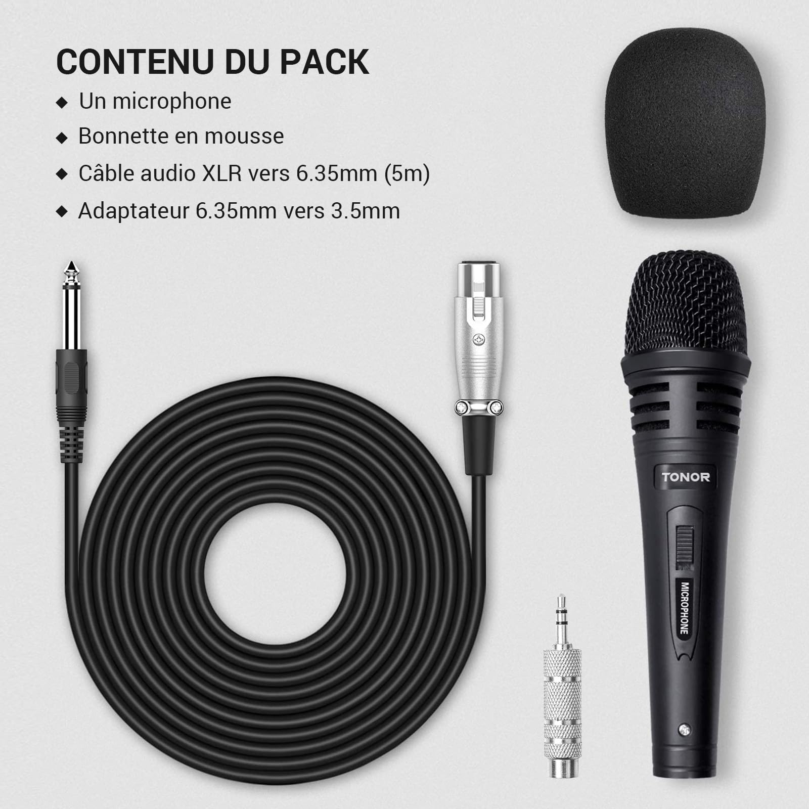 TONOR Micro Karaoke Dynamique avec Cable XLR de 5M(500 cm), Microphone à Main en Métal Compatible avec Les Appareils, DVD, KTV, Les Amplificateurs pour Les Discours, Les Mariages et Les Activités, K1