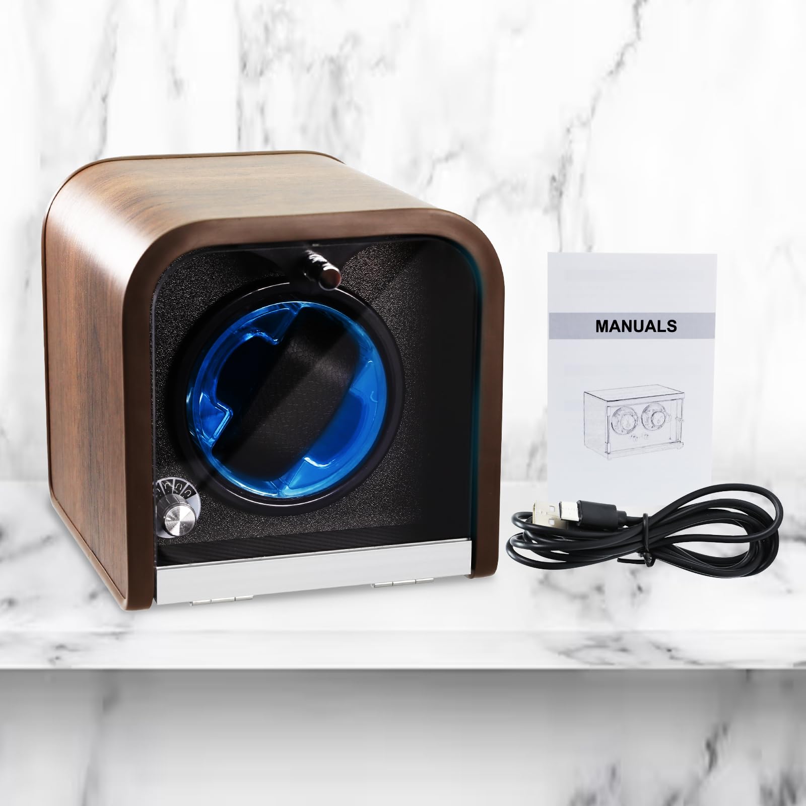 Enrollador Automático para Relojes, Enrollador Individual con 4 Modos de Rotación/Luz LED Azul/Tecnología Smart Stop/Almohadilla de Espuma/Motor Silencioso/Vitrina de Madera para Relojes Automáticos