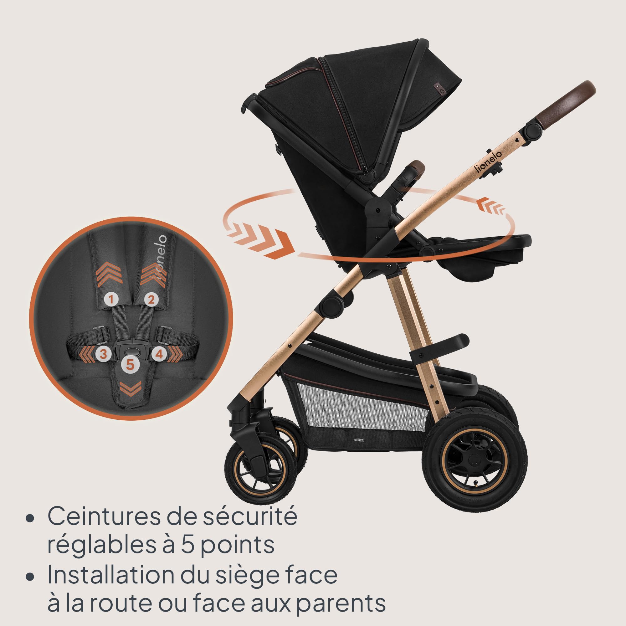 LIONELO Amber 3 in 1 poussette multifonctionnelle avec siège sport, nacelle, sac et accessoires