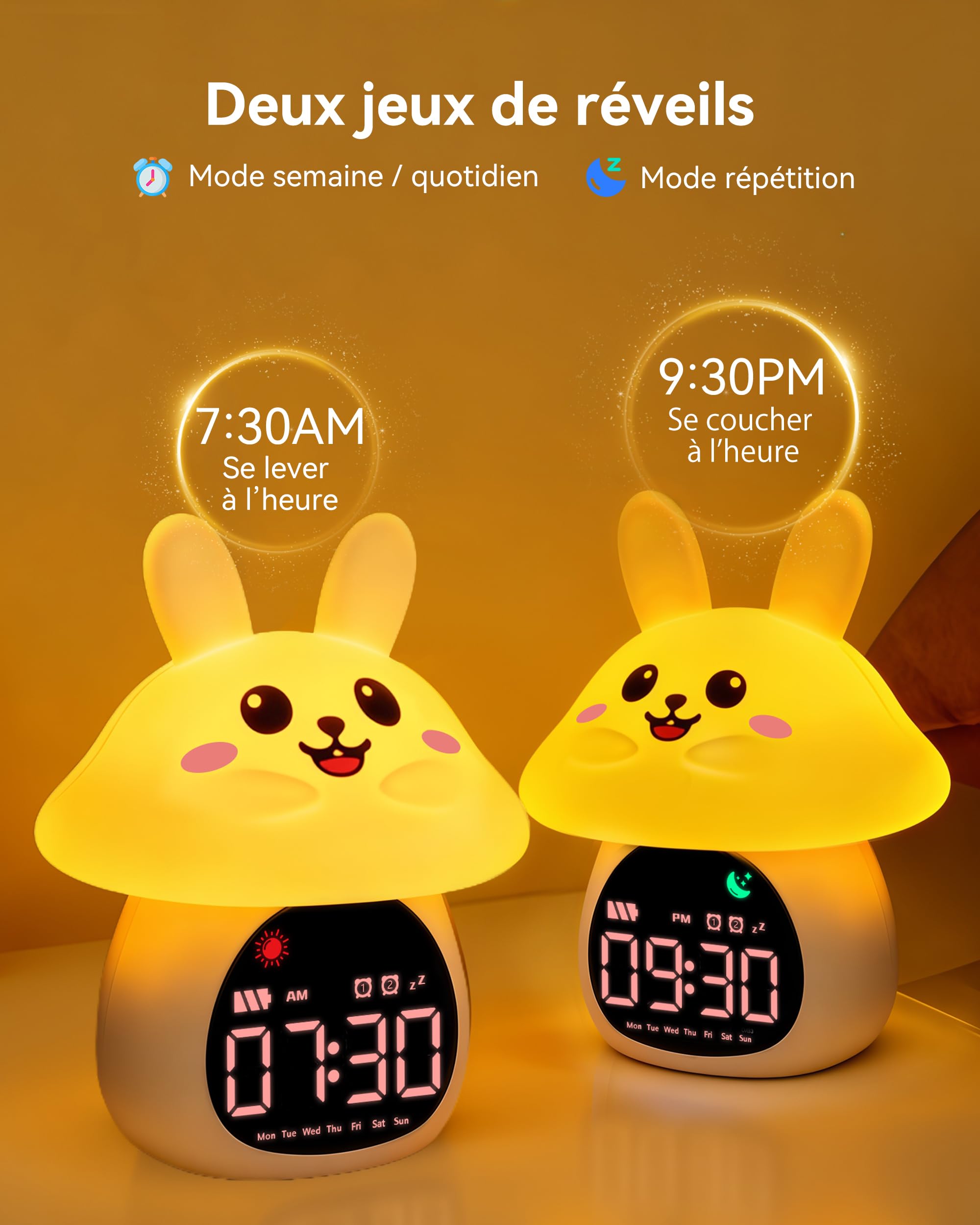 Yiliaw Réveil Enfant Éducatif Jour/Nuit Lumineux en Silicone avec Veilleuse – Horloge avec Lumière Apaisante, Idéale pour Garçons et Filles, Parfait pour Chambre d’Enfant, Lapin Champignon