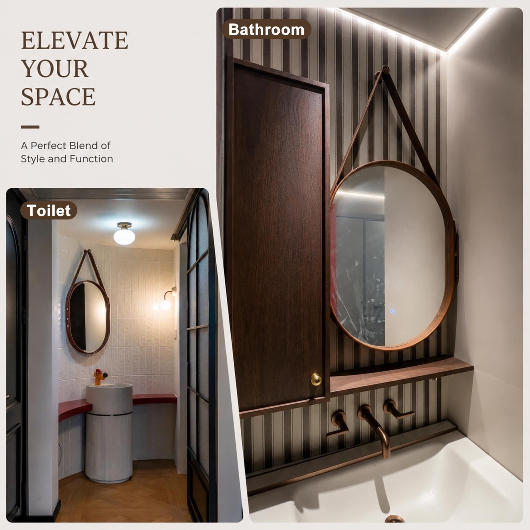 Specchio Cintura Pelle Specchio da Parete Ovale Bagno Ingresso Rivetti